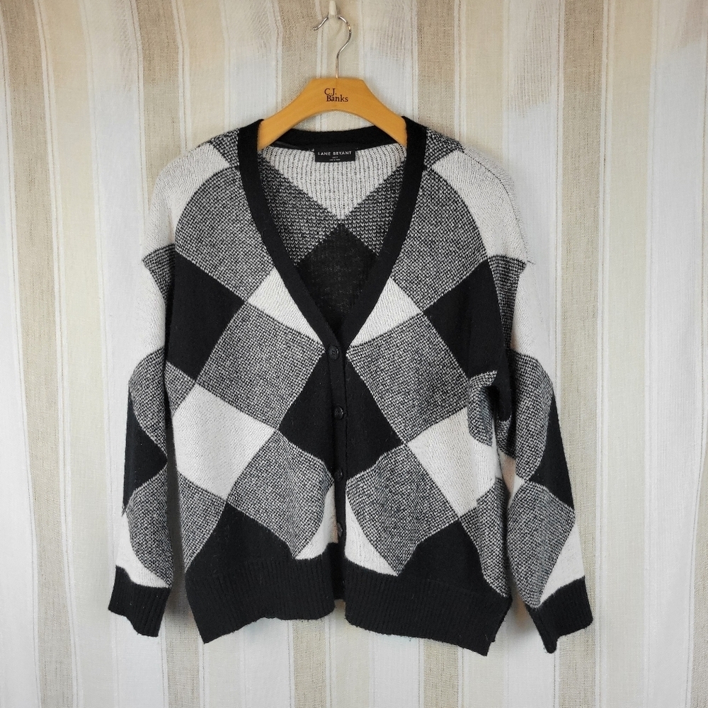 Lane Bryant Knit Cardigan Sweater Plaid Black White Size 14/16